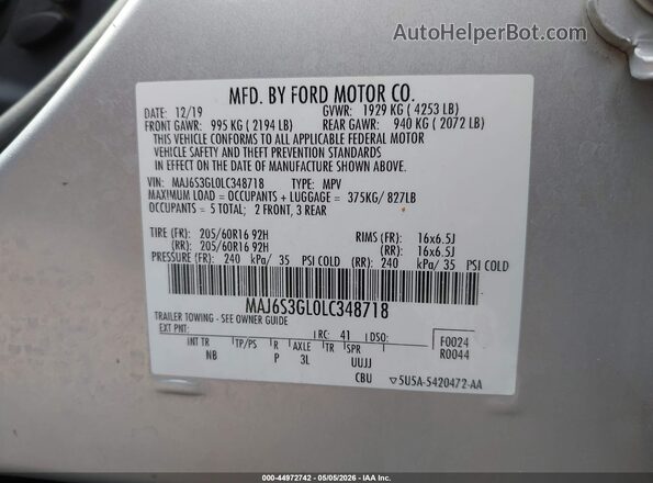 MAJ6S3GL0LC348718 2020 FORD ECOSPORT Silver Engine compartment view