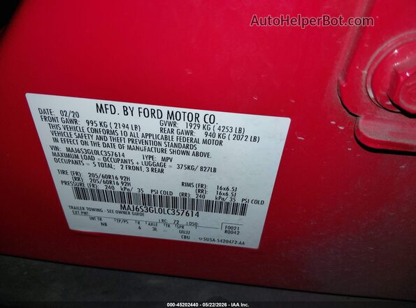 MAJ6S3GL0LC357614 2020 FORD ECOSPORT Red Widok komory silnika