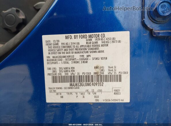 MAJ6S3GL0MC409552 2021 FORD ECOSPORT Blue Вид підкапотного простору