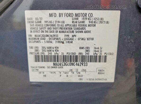 MAJ6S3GL0NC462933 2022 FORD ECOSPORT Угольный Вид подкапотного пространства