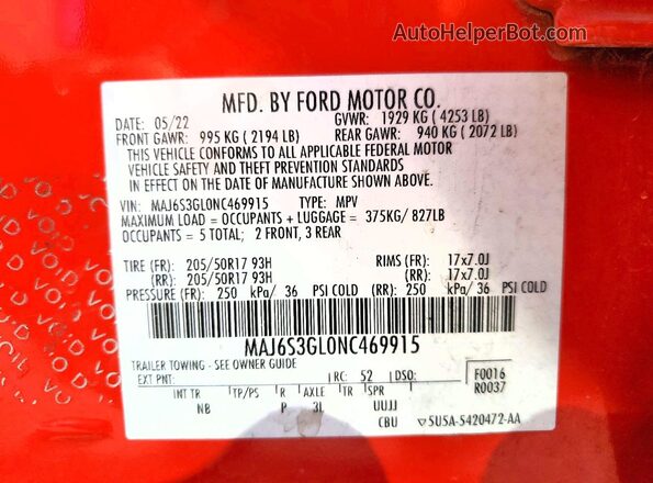 MAJ6S3GL0NC469915 2022 FORD ECOSPORT Красный Вид наклейки с VIN-кодом