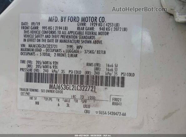 MAJ6S3GL2LC322721 2020 FORD ECOSPORT Белый Вид подкапотного пространства