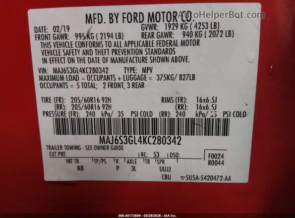 MAJ6S3GL4KC280342 2019 FORD ECOSPORT Red Вид підкапотного простору