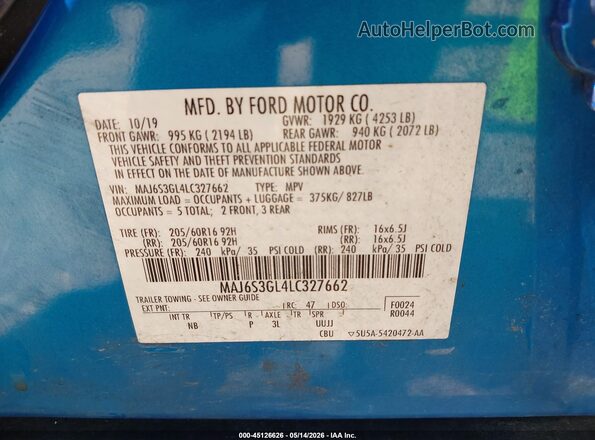 MAJ6S3GL4LC327662 2020 FORD ECOSPORT Blue Вид підкапотного простору