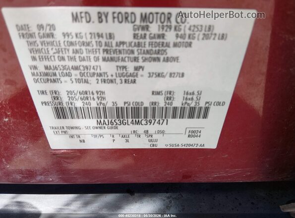 MAJ6S3GL4MC397471 2021 FORD ECOSPORT Red Vista del compartimento del motor