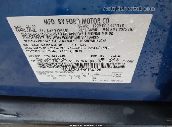 MAJ6S3GL4NC466628 2022 FORD ECOSPORT Blue 