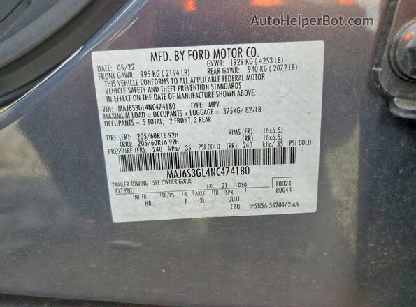 MAJ6S3GL4NC474180 2022 FORD ECOSPORT Blue Widok naklejki z numerem VIN