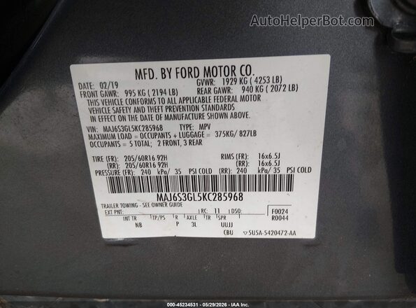 MAJ6S3GL5KC285968 2019 FORD ECOSPORT Gray Engine compartment view