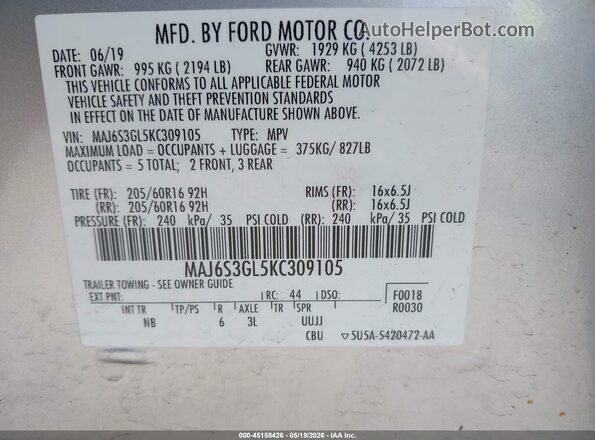 MAJ6S3GL5KC309105 2019 FORD ECOSPORT Серебряный Вид подкапотного пространства