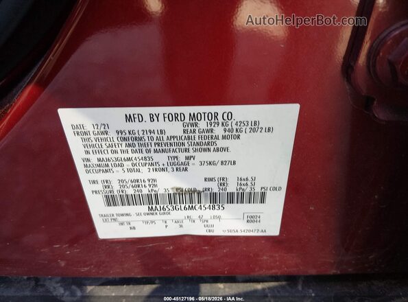 MAJ6S3GL6MC454835 2021 FORD ECOSPORT Red Вид підкапотного простору
