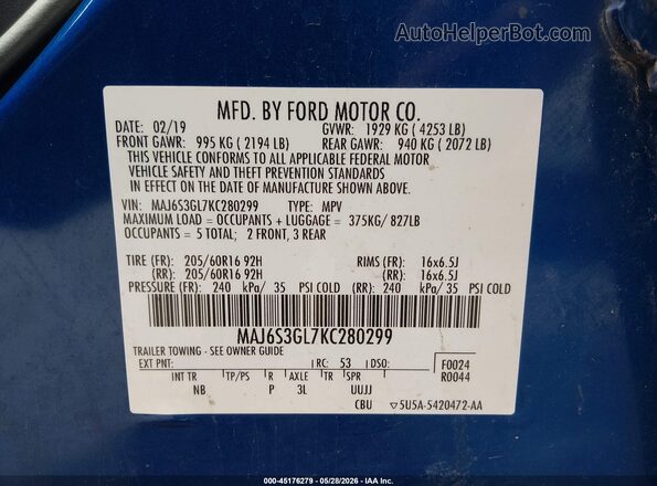 MAJ6S3GL7KC280299 2019 FORD ECOSPORT Blue Engine compartment view