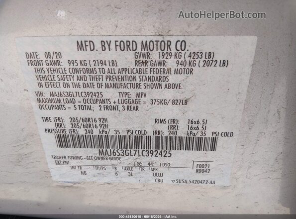 MAJ6S3GL7LC392425 2020 FORD ECOSPORT Silver ძრავის განყოფილების ხედი