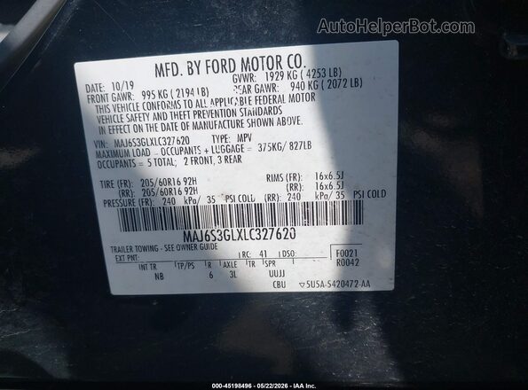 MAJ6S3GLXLC327620 2020 FORD ECOSPORT Black ძრავის განყოფილების ხედი