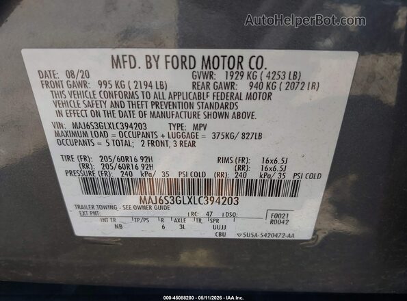 MAJ6S3GLXLC394203 2020 FORD ECOSPORT Gray 