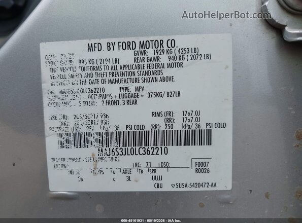 MAJ6S3JL0LC362210 2020 FORD ECOSPORT Silver Вид підкапотного простору