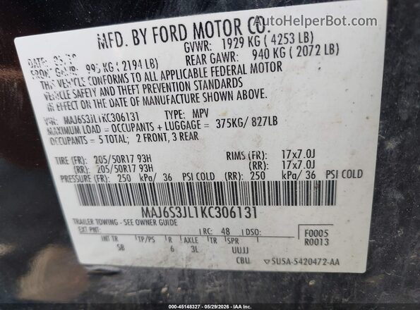 MAJ6S3JL1KC306131 2019 FORD ECOSPORT Black Շարժիչի բաժամունքի տեսք
