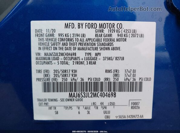 MAJ6S3JL2MC404698 2021 FORD ECOSPORT Blue Widok komory silnika