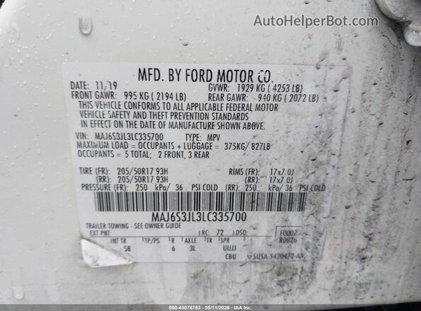 MAJ6S3JL3LC335700 2020 FORD ECOSPORT White Engine compartment view