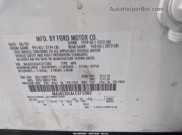 MAJ6S3JL6LC375382 2020 FORD ECOSPORT White 