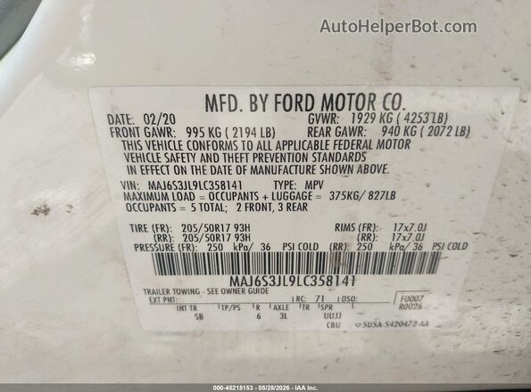 MAJ6S3JL9LC358141 2020 FORD ECOSPORT White Engine compartment view