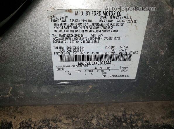 MAJ6S3JLXKC303566 2019 FORD ECOSPORT Серебряный Вид наклейки с VIN-кодом