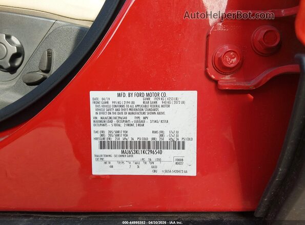 MAJ6S3KL1KC296540 2019 FORD ECOSPORT Red 