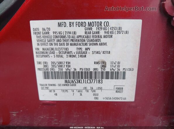 MAJ6S3KL1LC377183 2020 FORD ECOSPORT Red 