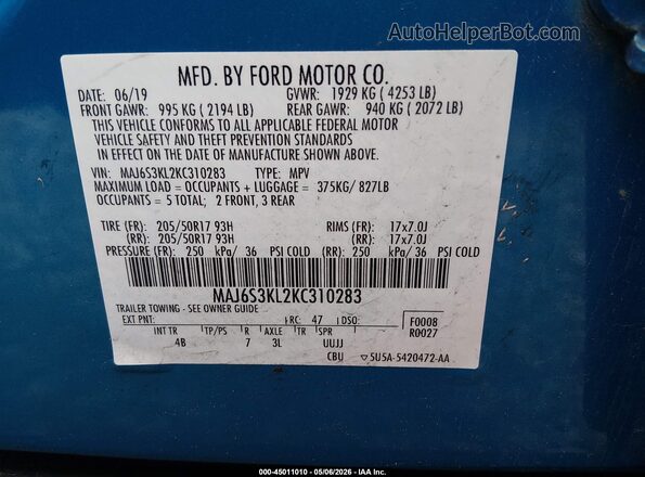 MAJ6S3KL2KC310283 2019 FORD ECOSPORT Blue ძრავის განყოფილების ხედი