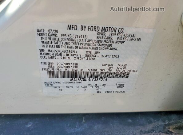 MAJ6S3KL4LC385214 2020 FORD ECOSPORT White VIN კოდის სტიკერის ხედი