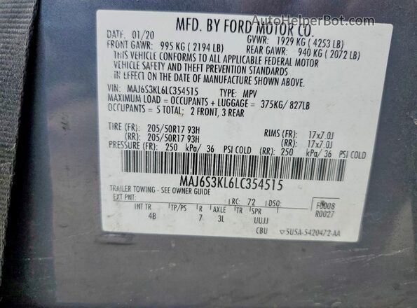 MAJ6S3KL6LC354515 2020 FORD ECOSPORT Gray VIN կոդի պիտակի տեսք