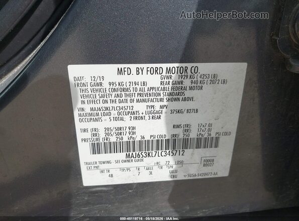 MAJ6S3KL7LC345712 2020 FORD ECOSPORT Gray Вид підкапотного простору