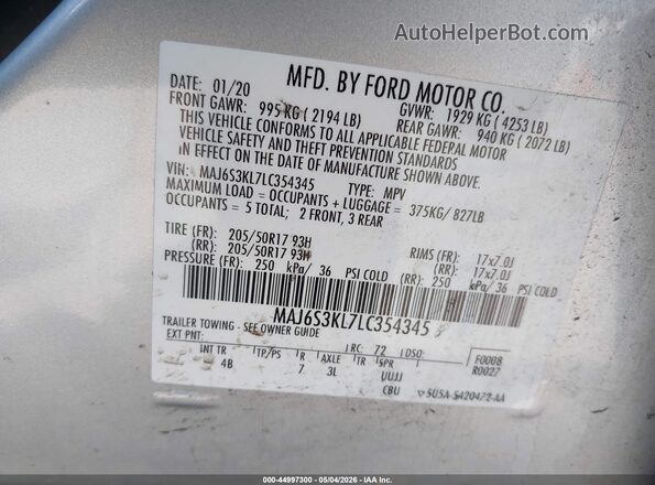 MAJ6S3KL7LC354345 2020 FORD ECOSPORT Silver Engine compartment view