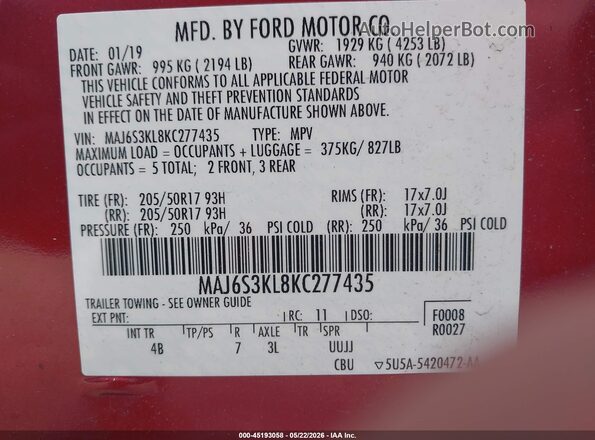 MAJ6S3KL8KC277435 2019 FORD ECOSPORT Burgundy Vista del compartimento del motor