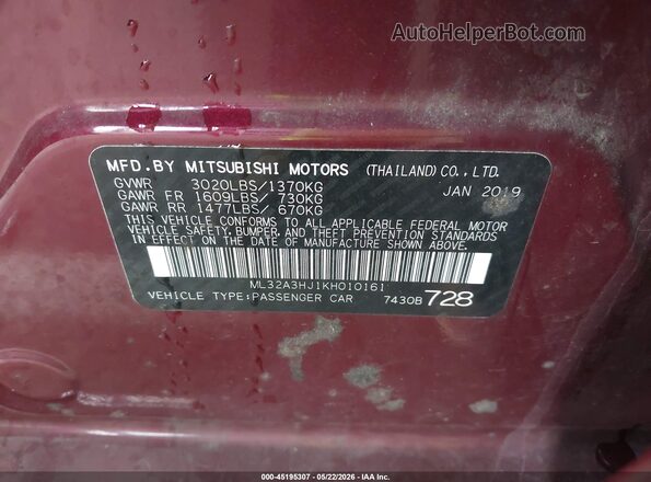 ML32A3HJ1KH010161 2019 MITSUBISHI MIRAGE Бордовый 