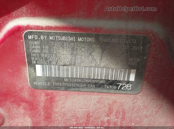 ML32A3HJ2KH003560 2019 MITSUBISHI MIRAGE Red Շարժիչի բաժամունքի տեսք