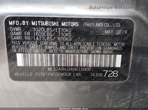 ML32A3HJ2KH015000 2019 MITSUBISHI MIRAGE Gray 