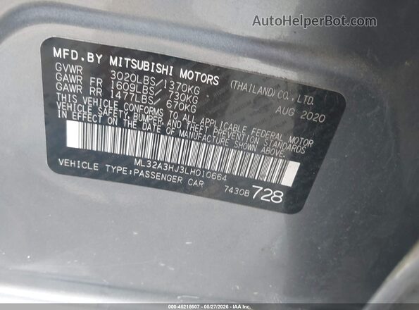 ML32A3HJ3LH010664 2020 MITSUBISHI MIRAGE Gray ძრავის განყოფილების ხედი