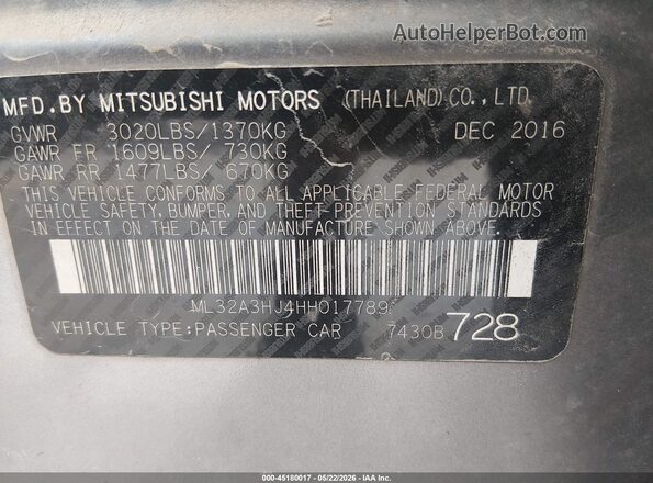 ML32A3HJ4HH017789 2017 MITSUBISHI MIRAGE Gray ძრავის განყოფილების ხედი