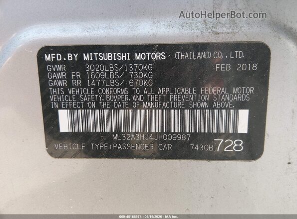 ML32A3HJ4JH009987 2018 MITSUBISHI MIRAGE Silver 