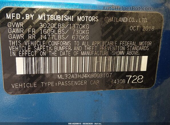 ML32A3HJ4KH003107 2019 MITSUBISHI MIRAGE Blue Vista del compartimento del motor