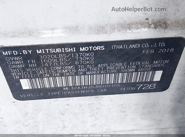 ML32A3HJ5JH010355 2018 MITSUBISHI MIRAGE White ძრავის განყოფილების ხედი