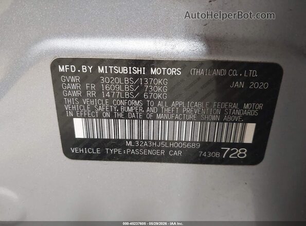 ML32A3HJ5LH005689 2020 MITSUBISHI MIRAGE Silver ძრავის განყოფილების ხედი