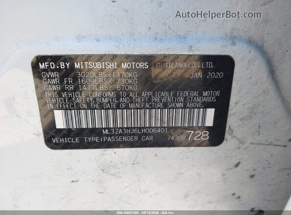 ML32A3HJ6LH006401 2020 MITSUBISHI MIRAGE White Engine compartment view