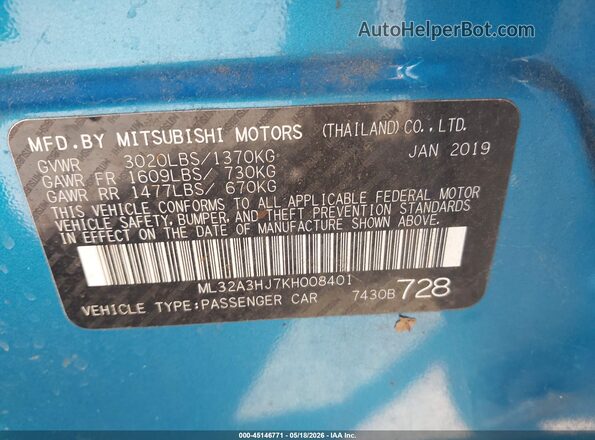 ML32A3HJ7KH008401 2019 MITSUBISHI MIRAGE Blue Widok komory silnika