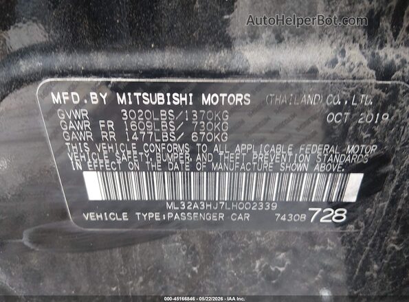 ML32A3HJ7LH002339 2020 MITSUBISHI MIRAGE Black ძრავის განყოფილების ხედი