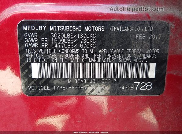 ML32A3HJ8HH022171 2017 MITSUBISHI MIRAGE Red Շարժիչի բաժամունքի տեսք
