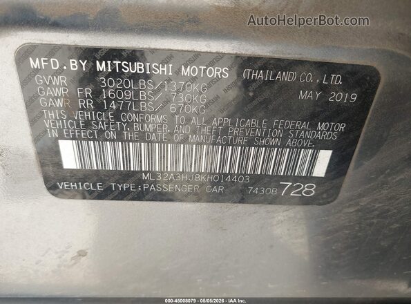 ML32A3HJ8KH014403 2019 MITSUBISHI MIRAGE Gray 