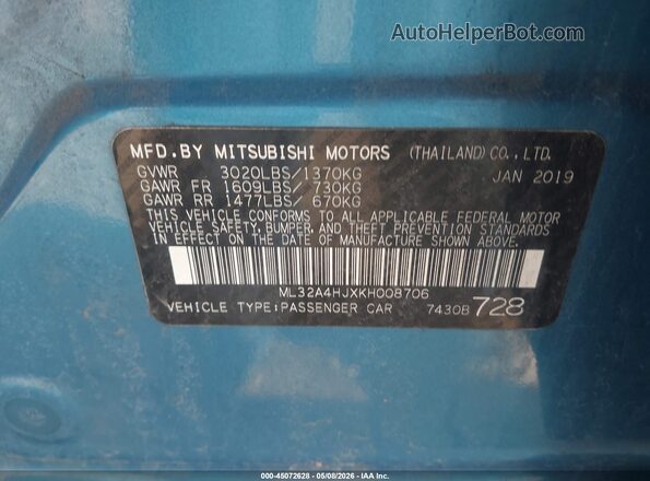 ML32A4HJXKH008706 2019 MITSUBISHI MIRAGE Blue Շարժիչի բաժամունքի տեսք