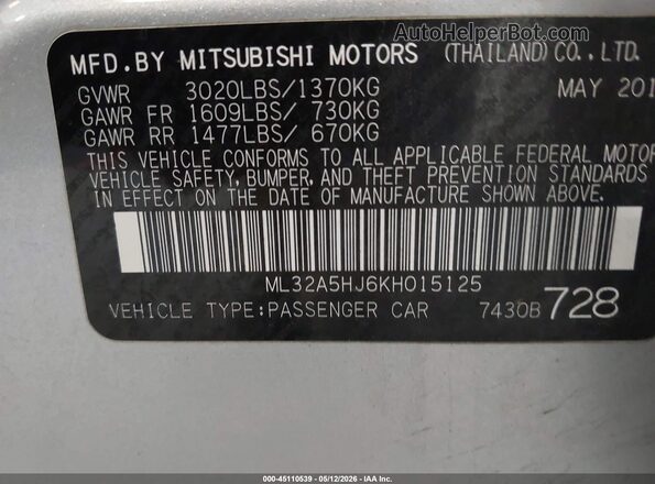 ML32A5HJ6KH015125 2019 MITSUBISHI MIRAGE Silver 