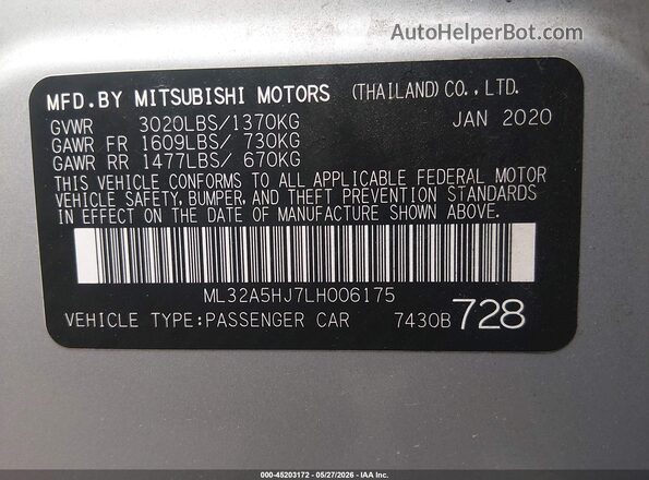 ML32A5HJ7LH006175 2020 MITSUBISHI MIRAGE Silver Engine compartment view